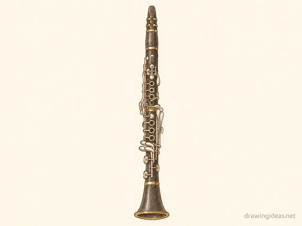 Clarinet drawing — hand-drawn clarinet illustration with ink lines and soft colors