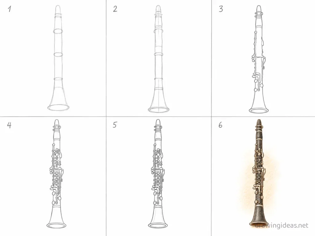 How to draw a clarinet step by step — 6-step clarinet drawing tutorial grid