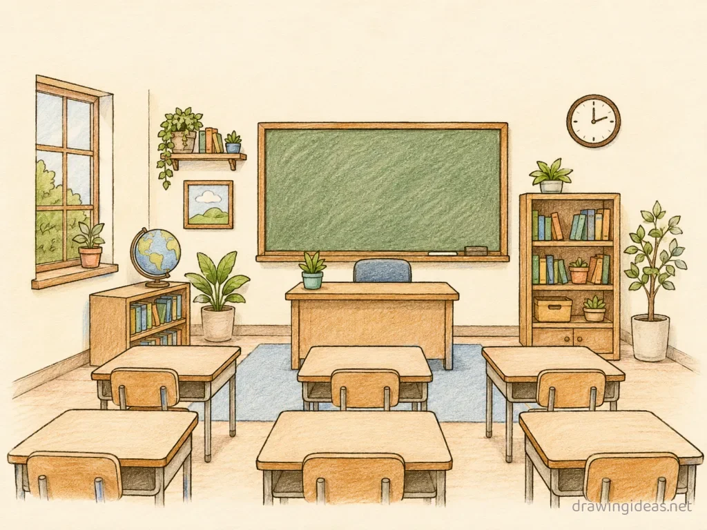 Classroom drawing — hand-drawn classroom illustration with ink lines and soft colors