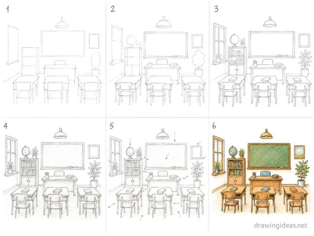 How to draw a classroom step by step — 6-step classroom drawing tutorial grid