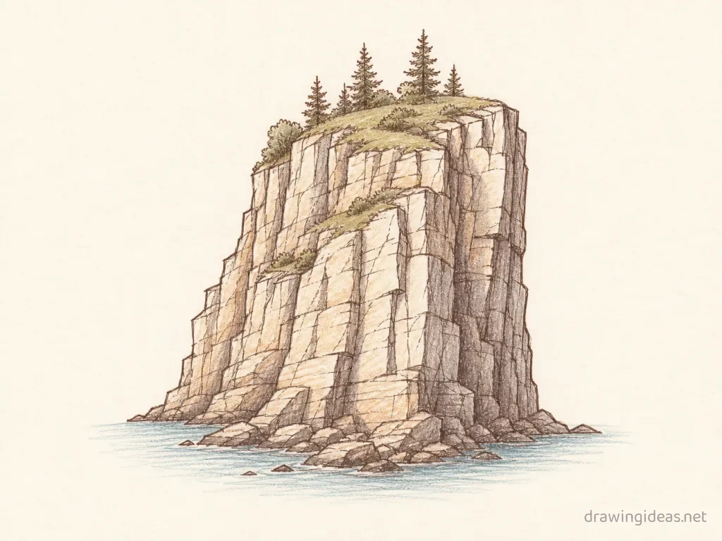 Cliff drawing — hand-drawn cliff illustration with ink lines and soft colors