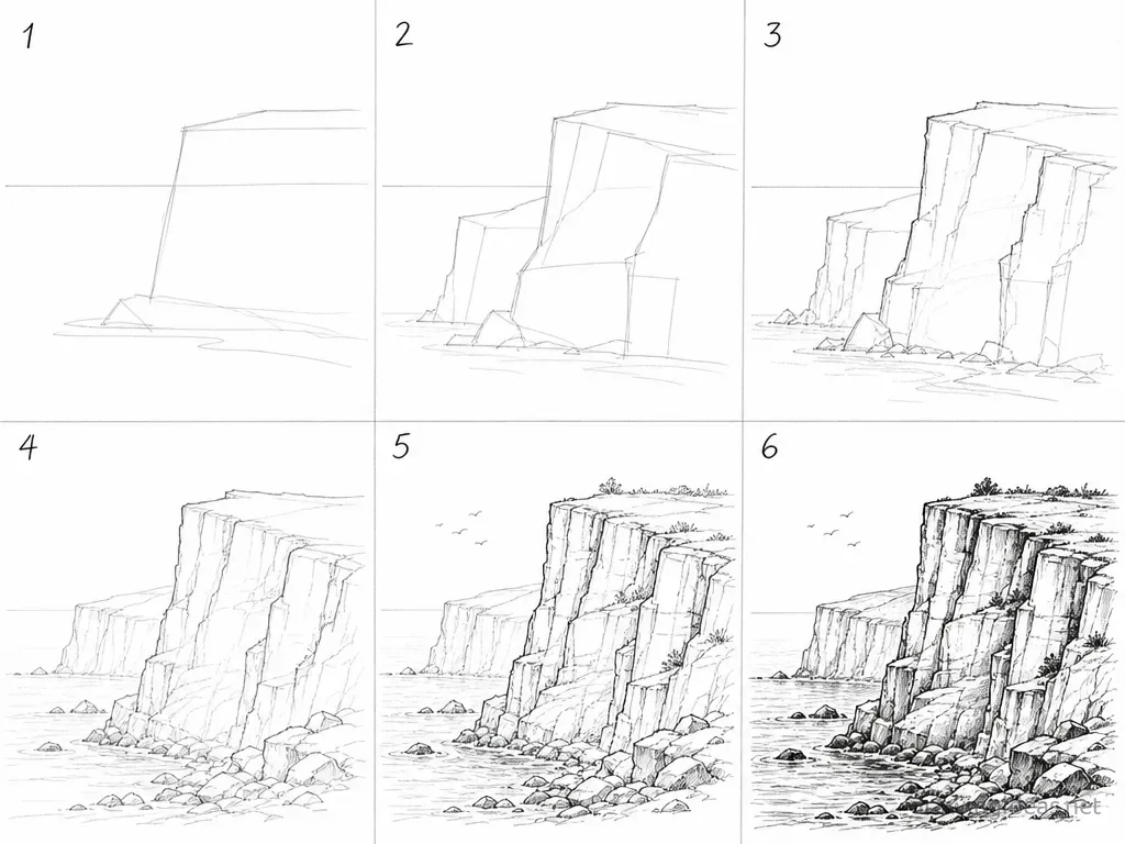 How to draw a cliff step by step — 6-step cliff drawing tutorial grid