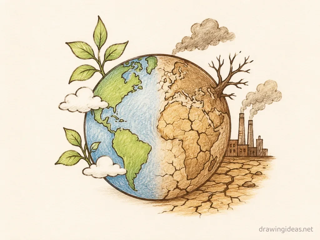 Climate Change drawing — hand-drawn climate change illustration with ink lines and soft colors