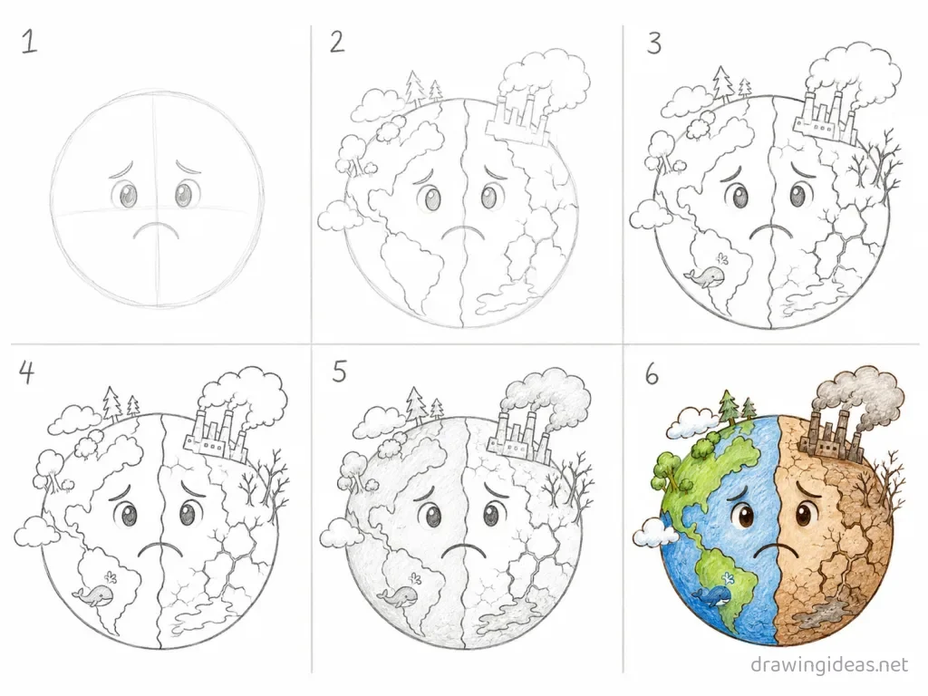 How to draw a climate change step by step — 6-step climate change drawing tutorial grid