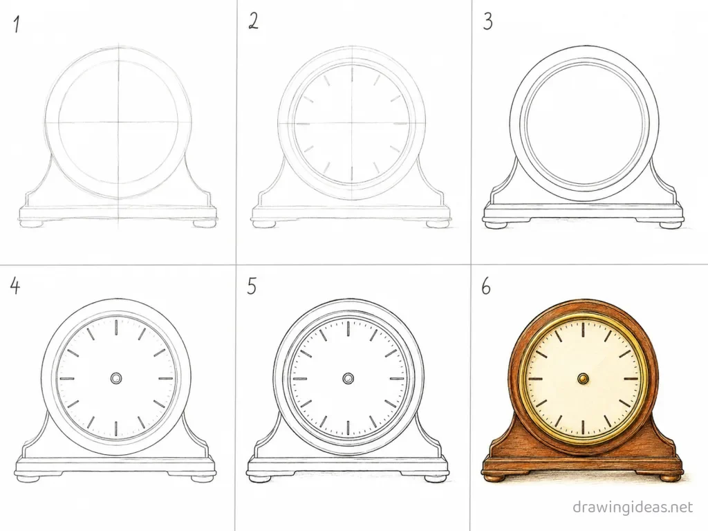 How to draw a clock step by step — 6-step clock drawing tutorial grid