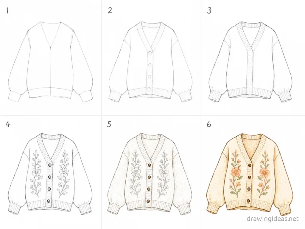 How to draw clothes step by step — 6-step clothes drawing tutorial grid