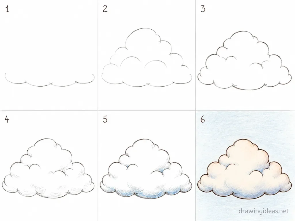 How to draw a cloud step by step — 6-step cloud drawing tutorial grid