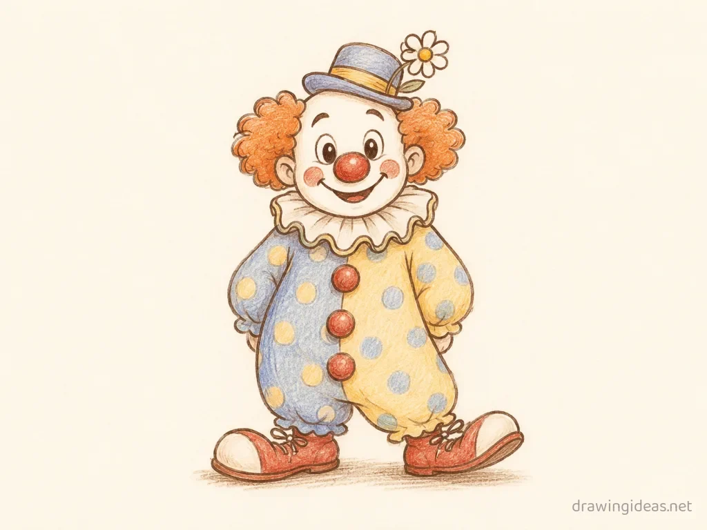 Clown drawing — hand-drawn clown illustration with ink lines and soft colors