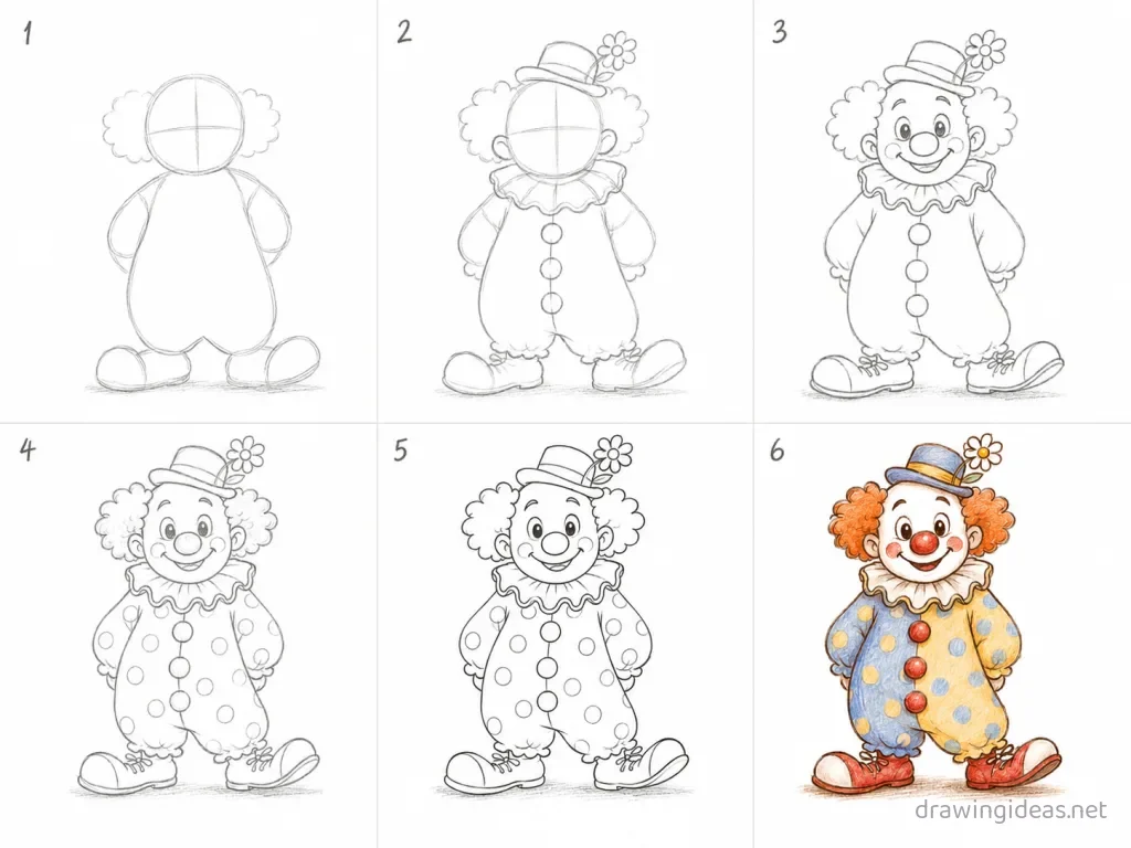 How to draw a clown step by step — 6-step clown drawing tutorial grid