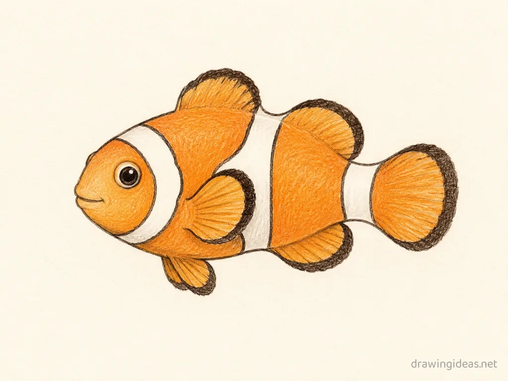 Clownfish drawing — hand-drawn clownfish illustration with ink lines and soft colors