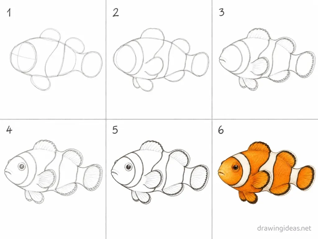 How to draw a clownfish step by step — 6-step clownfish drawing tutorial grid