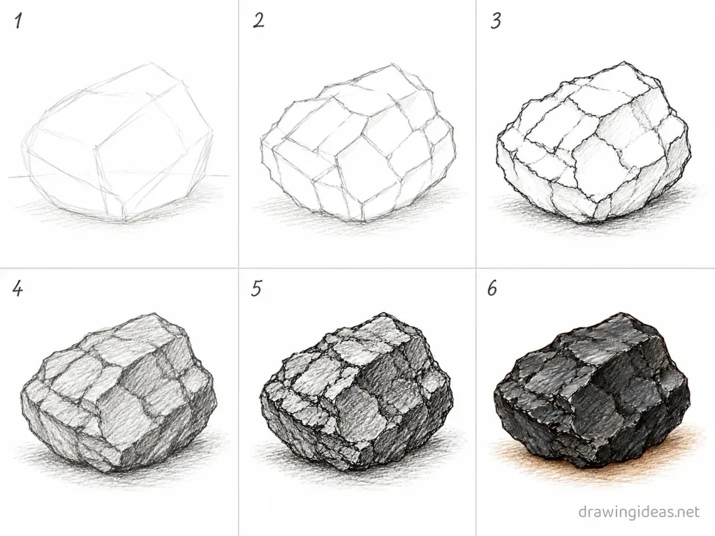 How to draw coal step by step — 6-step coal drawing tutorial grid