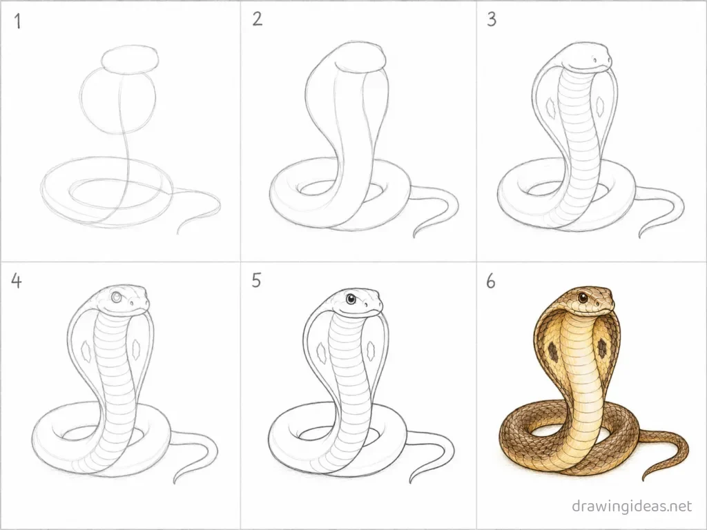 How to draw a cobra step by step — 6-step cobra drawing tutorial grid