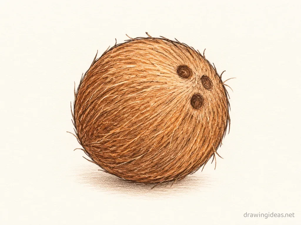 Coconut drawing — hand-drawn coconut illustration with ink lines and soft colors