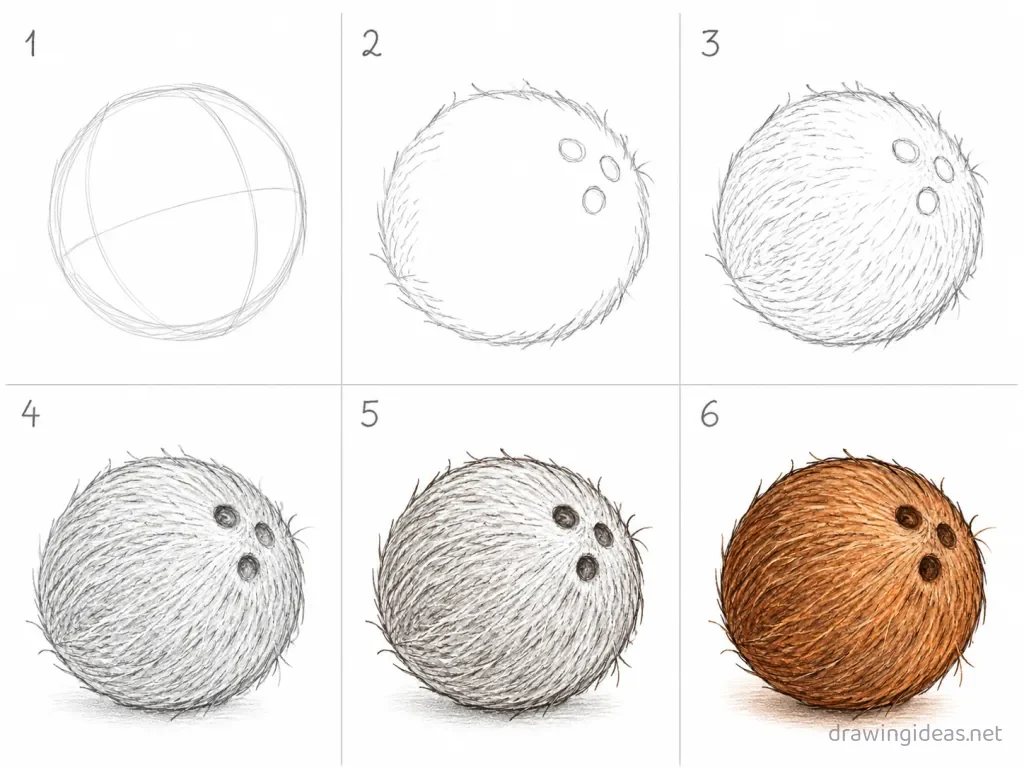 How to draw a coconut step by step — 6-step coconut drawing tutorial grid