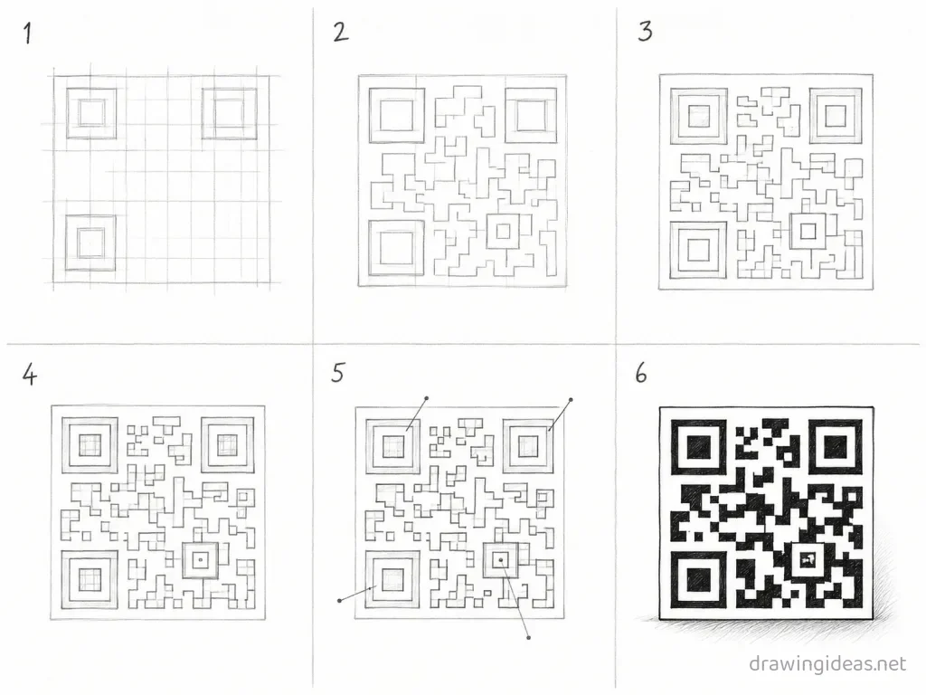 How to draw code step by step — 6-step code drawing tutorial grid