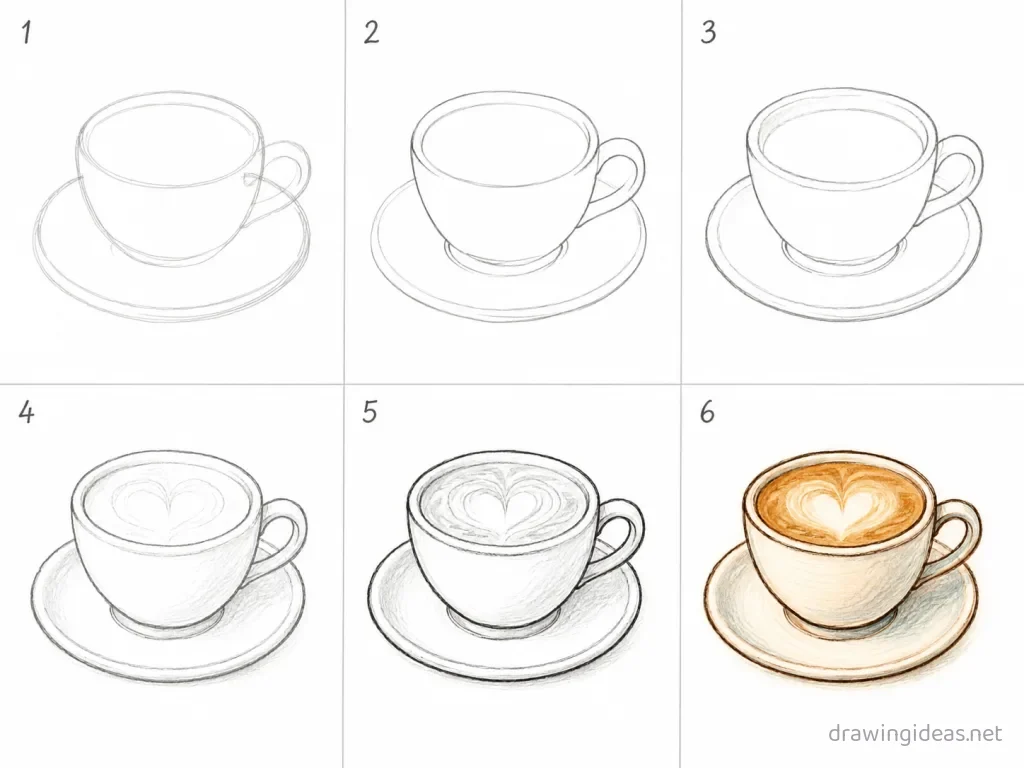 How to draw coffee step by step — 6-step coffee drawing tutorial grid