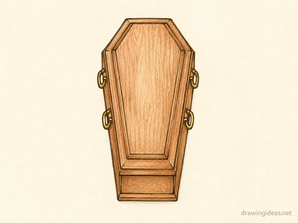 Coffin drawing — hand-drawn coffin illustration with ink lines and soft colors