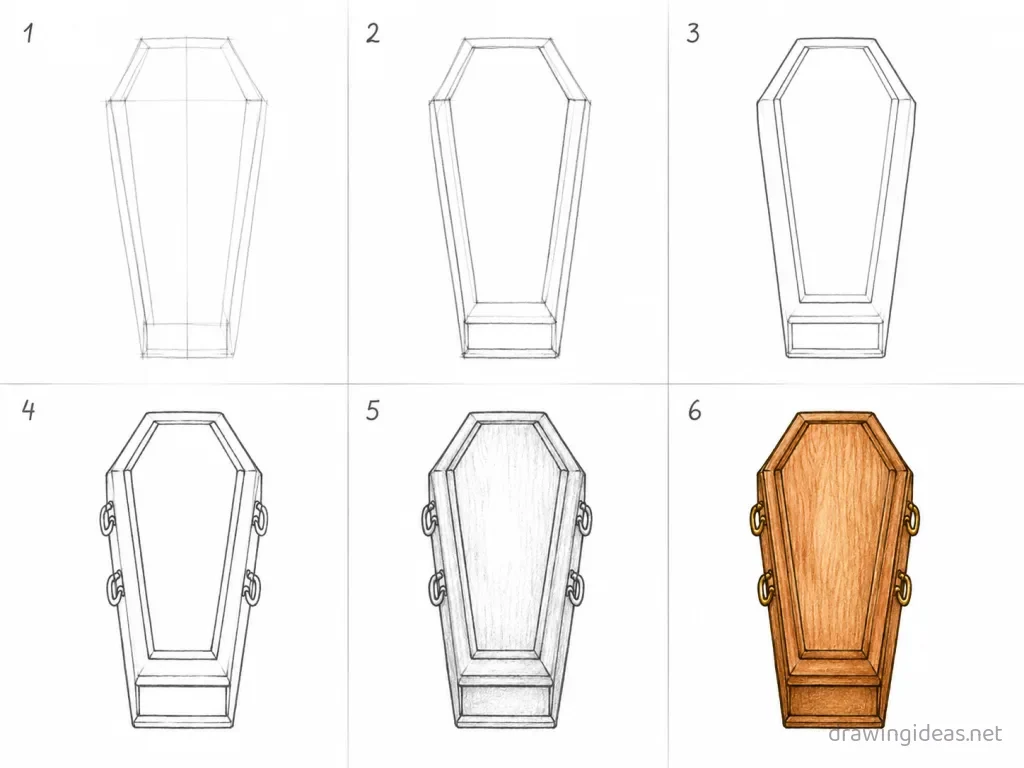 How to draw a coffin step by step — 6-step coffin drawing tutorial grid