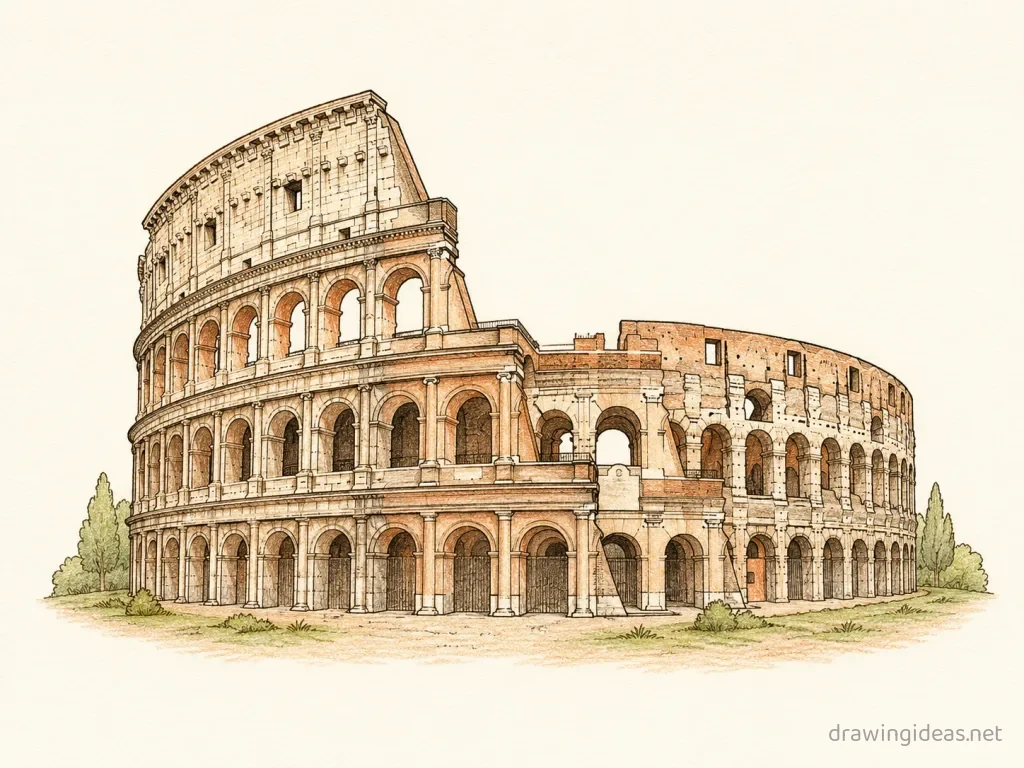Colosseum drawing — hand-drawn Colosseum illustration with ink lines and soft colors