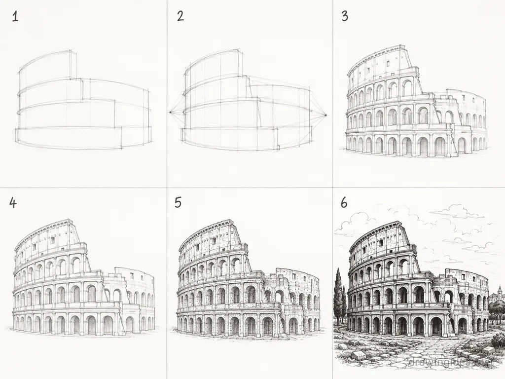 How to draw the Colosseum step by step — 6-step Colosseum drawing tutorial grid