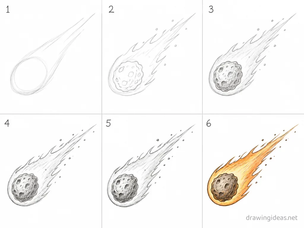 How to draw a comet step by step — 6-step comet drawing tutorial grid