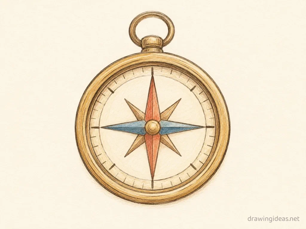 Compass drawing — hand-drawn compass illustration with ink lines and soft colors
