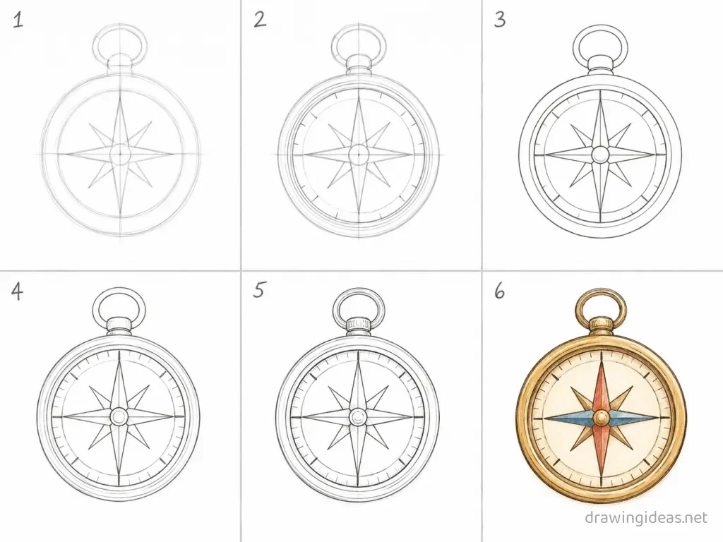 How to draw a compass step by step — 6-step compass drawing tutorial grid