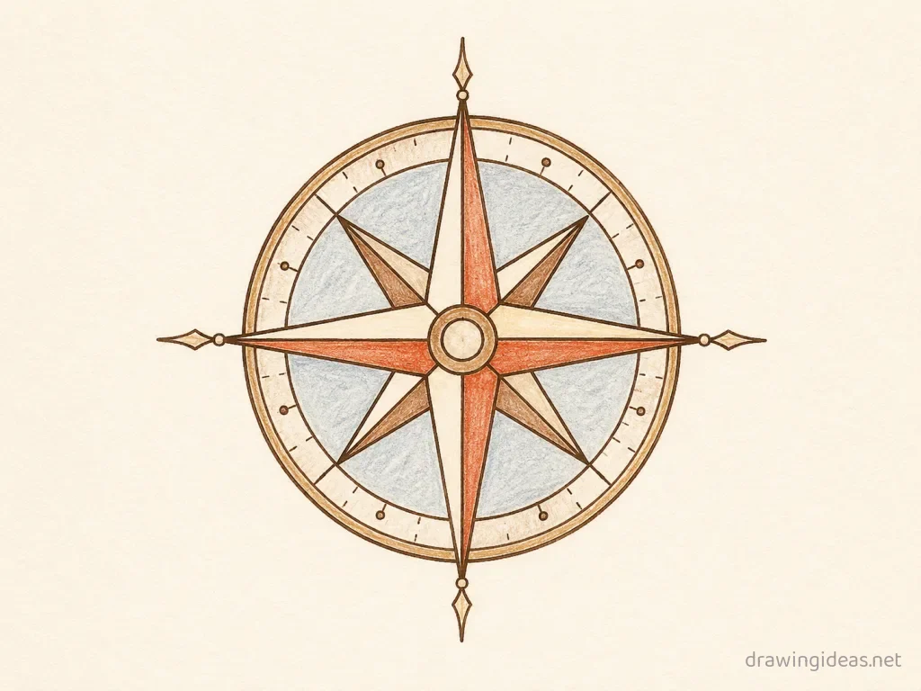 Compass Rose drawing — hand-drawn compass rose illustration with ink lines and soft colors
