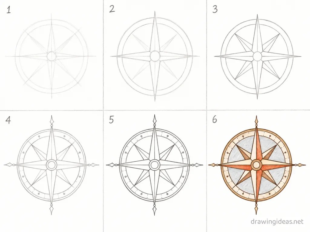 How to draw a compass rose step by step — 6-step compass rose drawing tutorial grid