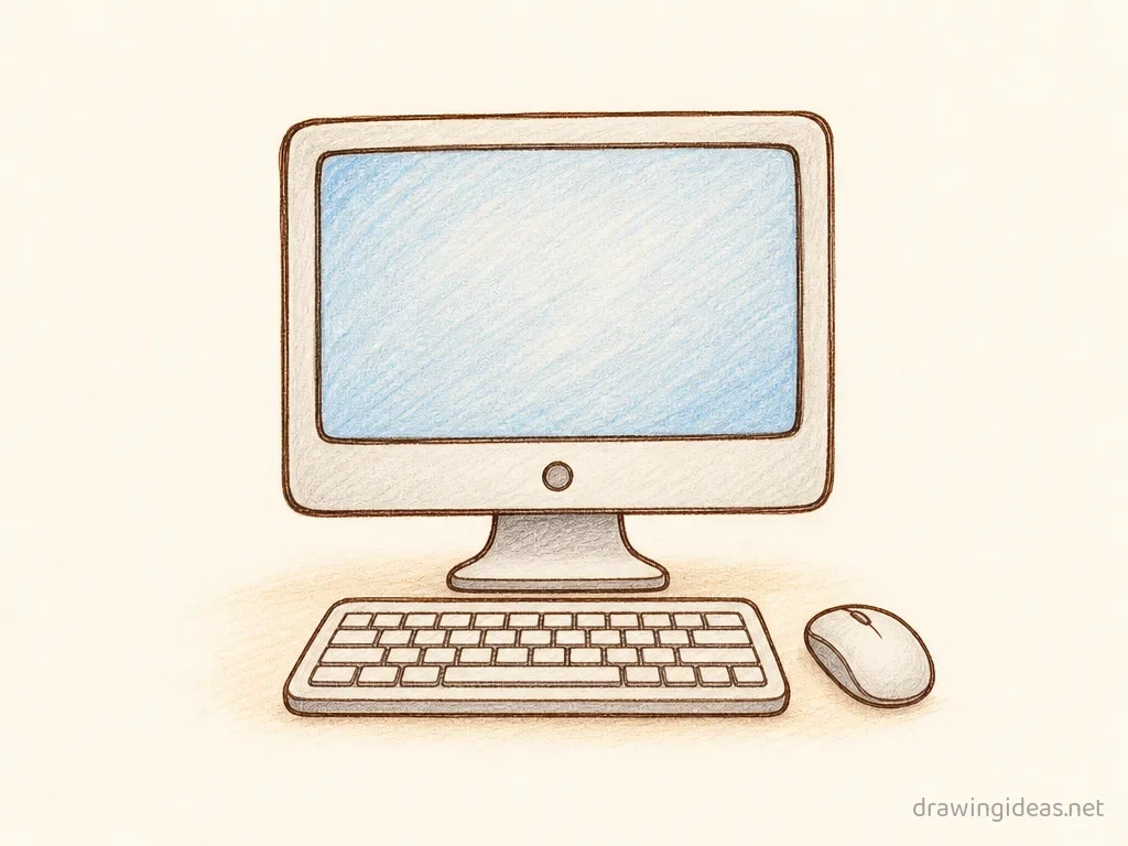Computer drawing — hand-drawn computer illustration with ink lines and soft colors