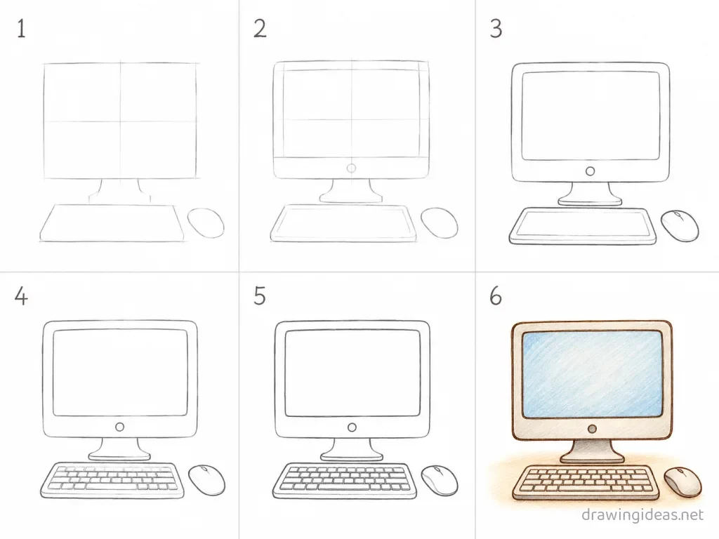 How to draw a computer step by step — 6-step computer drawing tutorial grid