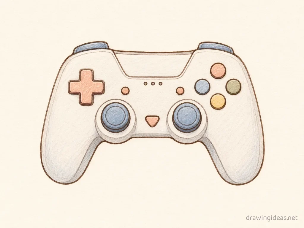 Controller drawing — hand-drawn controller illustration with ink lines and soft colors