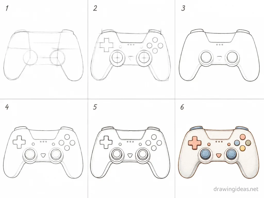 How to draw a controller step by step — 6-step controller drawing tutorial grid