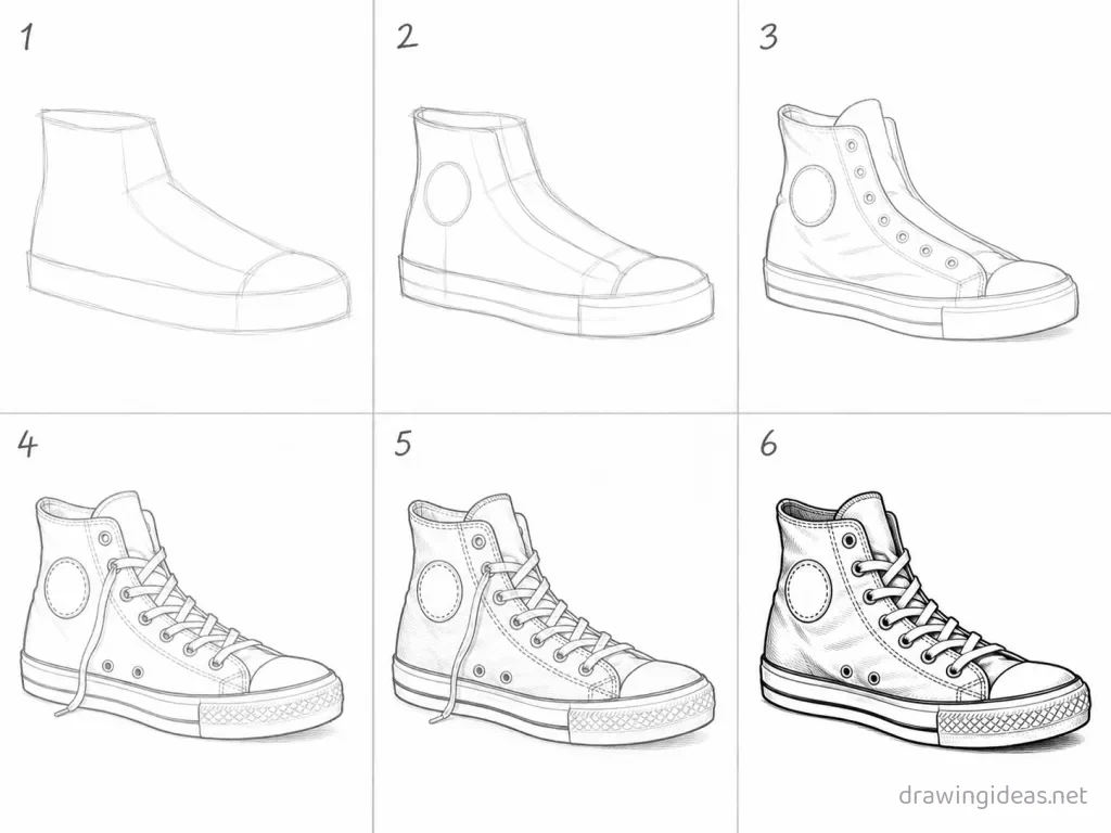 How to draw a converse step by step — 6-step converse drawing tutorial grid