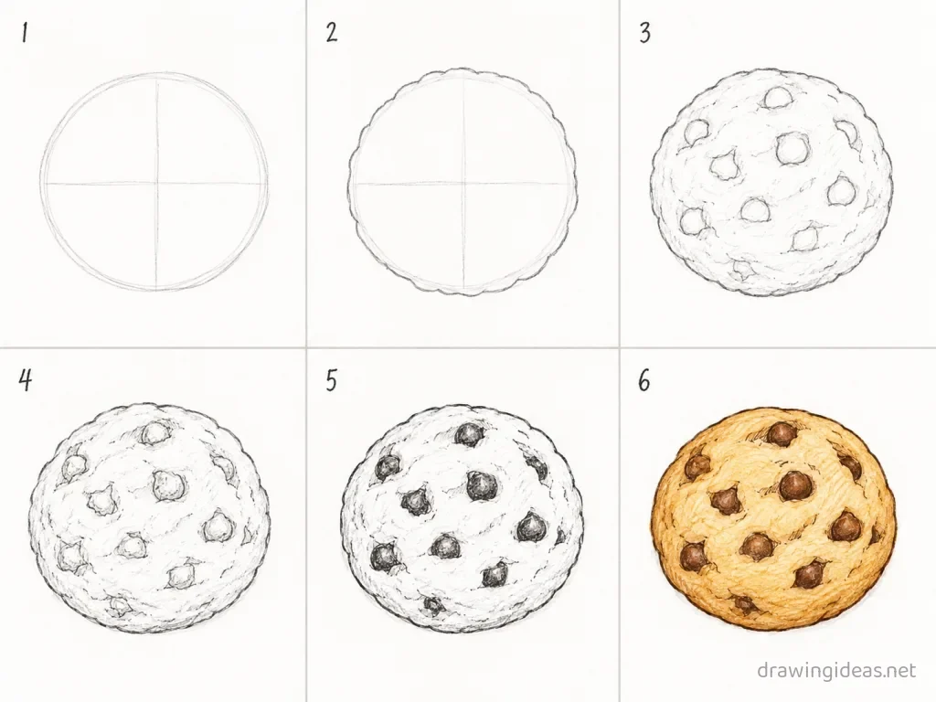 How to draw a cookie step by step — 6-step cookie drawing tutorial grid