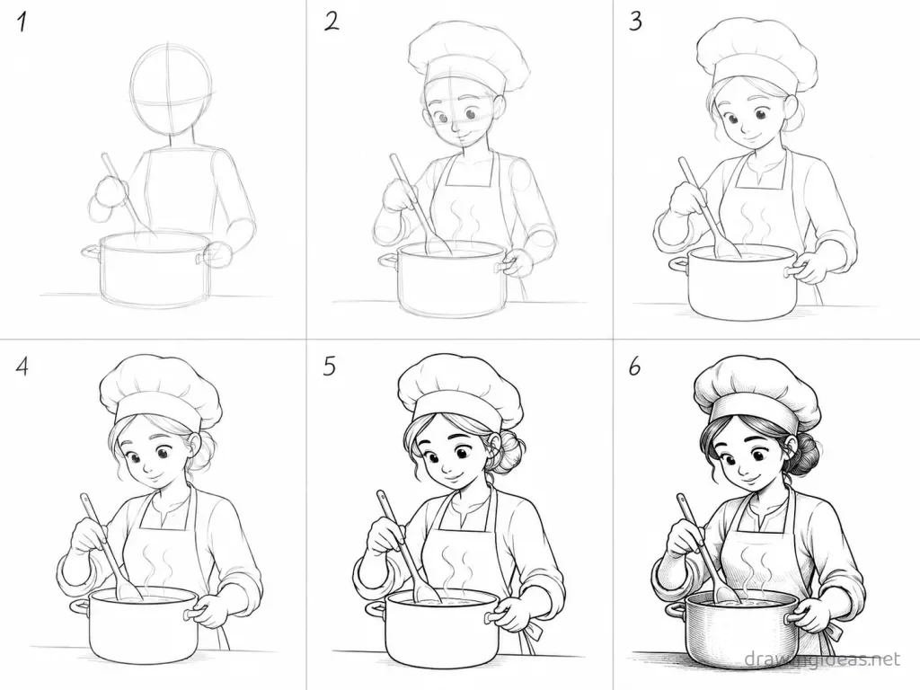 How to draw cooking step by step — 6-step cooking drawing tutorial grid