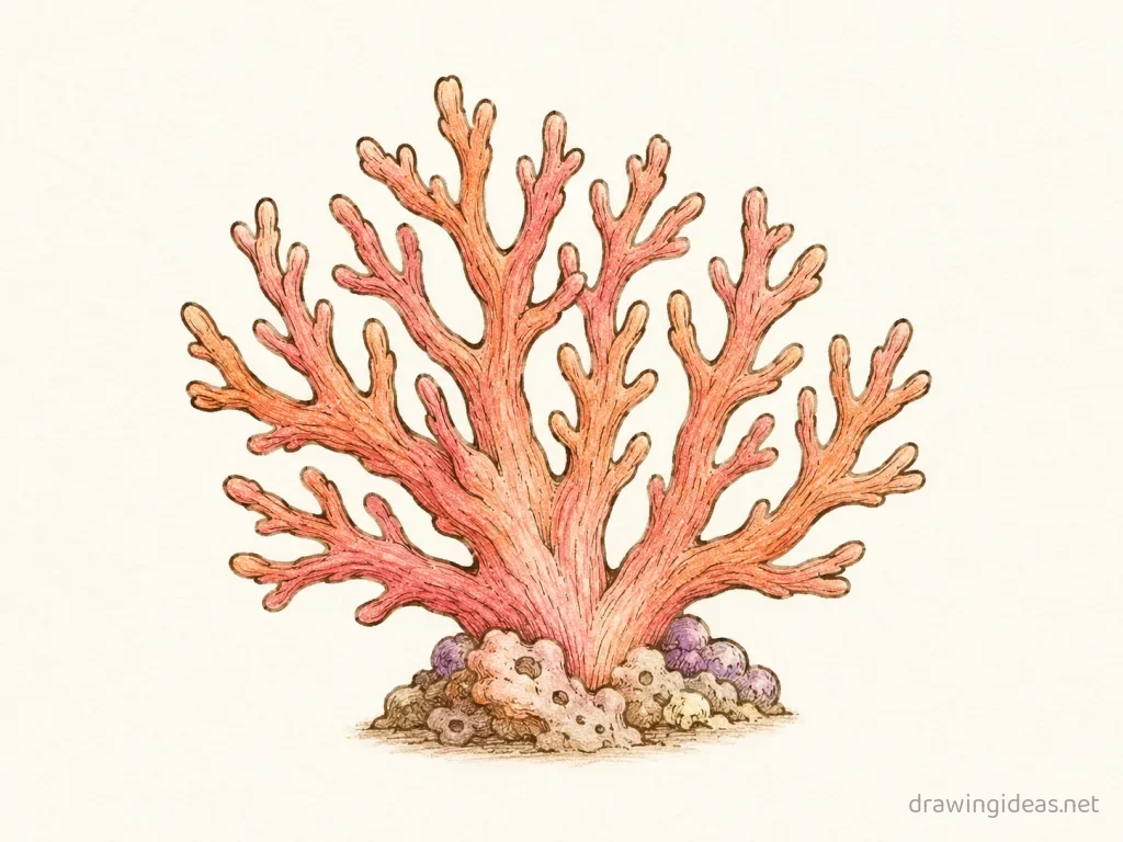 Coral drawing — hand-drawn coral illustration with ink lines and soft colors