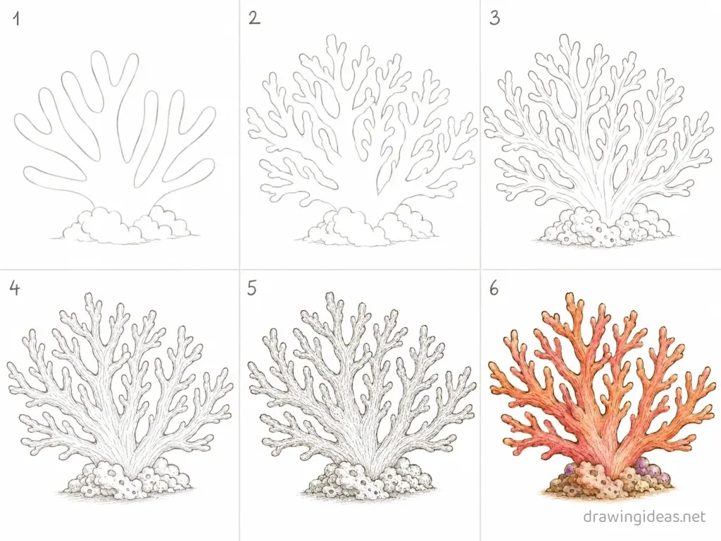 How to draw a coral step by step — 6-step coral drawing tutorial grid