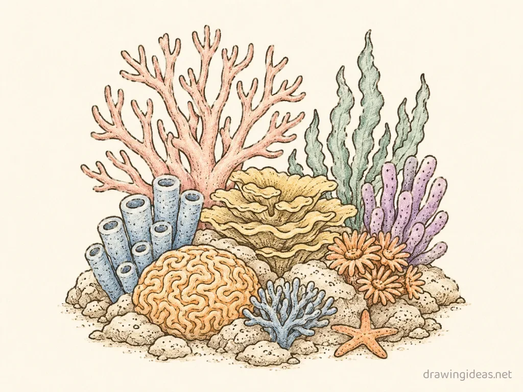 Coral Reef drawing — hand-drawn coral reef illustration with ink lines and soft colors