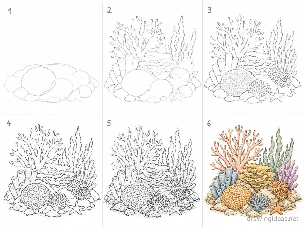 How to draw a coral reef step by step — 6-step coral reef drawing tutorial grid