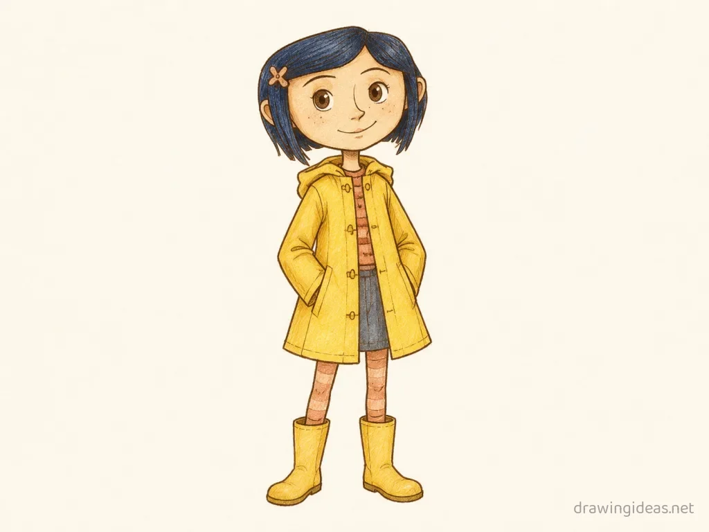 Coraline drawing — hand-drawn Coraline illustration with ink lines and soft colors