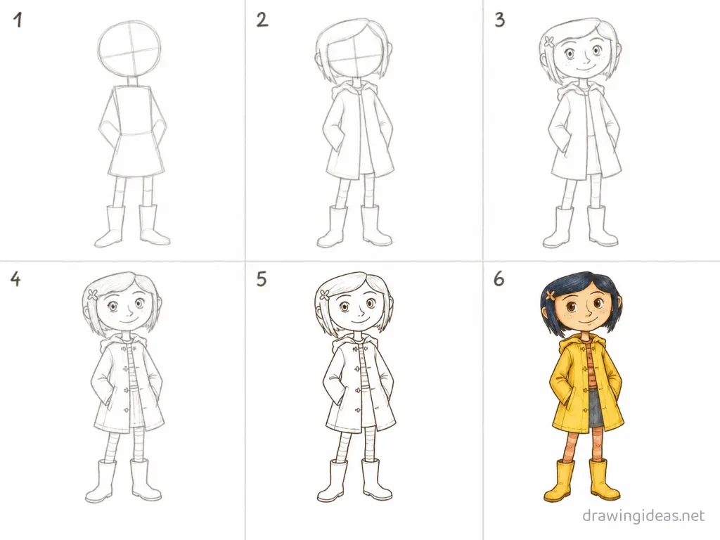 How to draw Coraline step by step — 6-step Coraline drawing tutorial grid