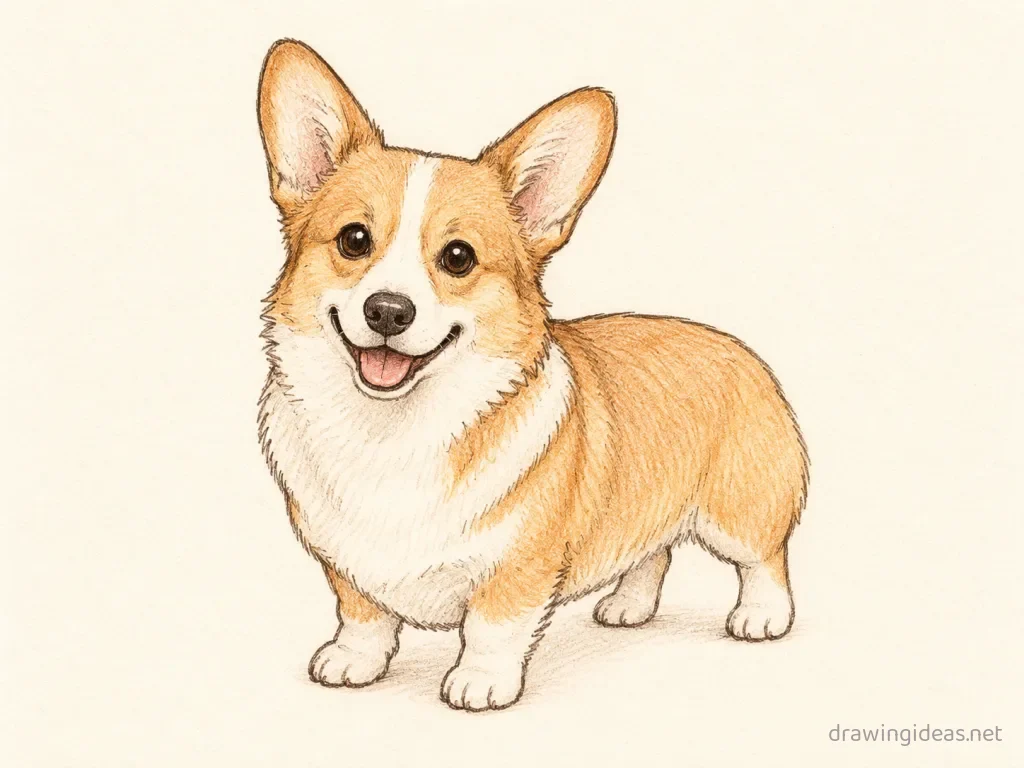 Corgi drawing — hand-drawn corgi illustration with ink lines and soft colors