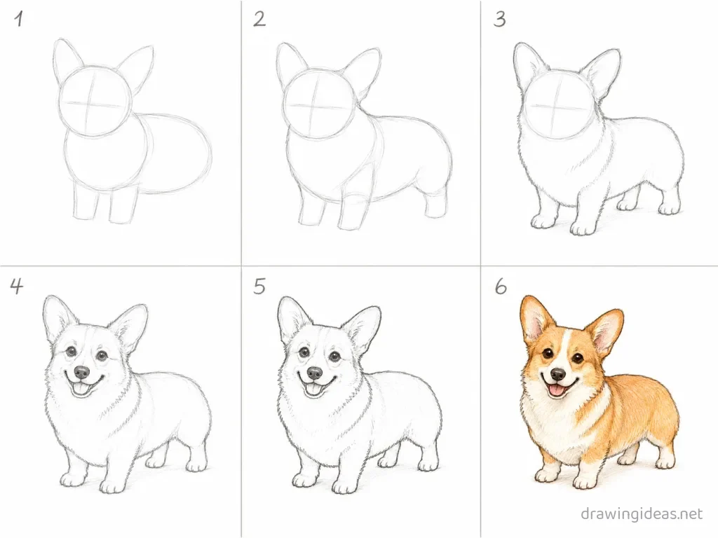 How to draw a corgi step by step — 6-step corgi drawing tutorial grid