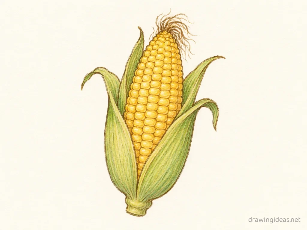 Corn drawing — hand-drawn corn illustration with ink lines and soft colors