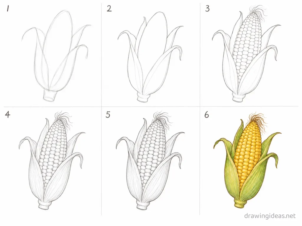 How to draw corn step by step — 6-step corn drawing tutorial grid