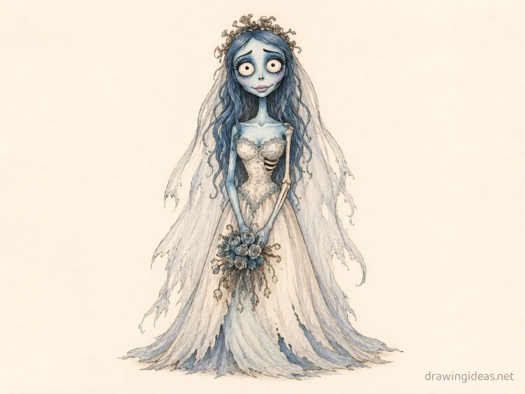 Corpse Bride drawing — hand-drawn Corpse Bride illustration with ink lines and soft colors