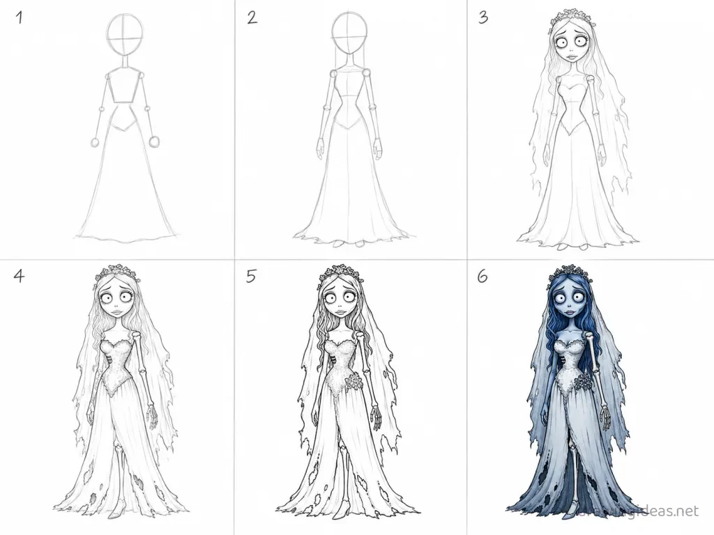 How to draw Corpse Bride step by step — 6-step Corpse Bride drawing tutorial grid