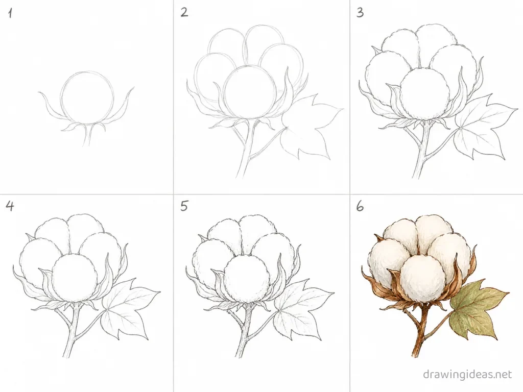 How to draw cotton step by step — 6-step cotton drawing tutorial grid